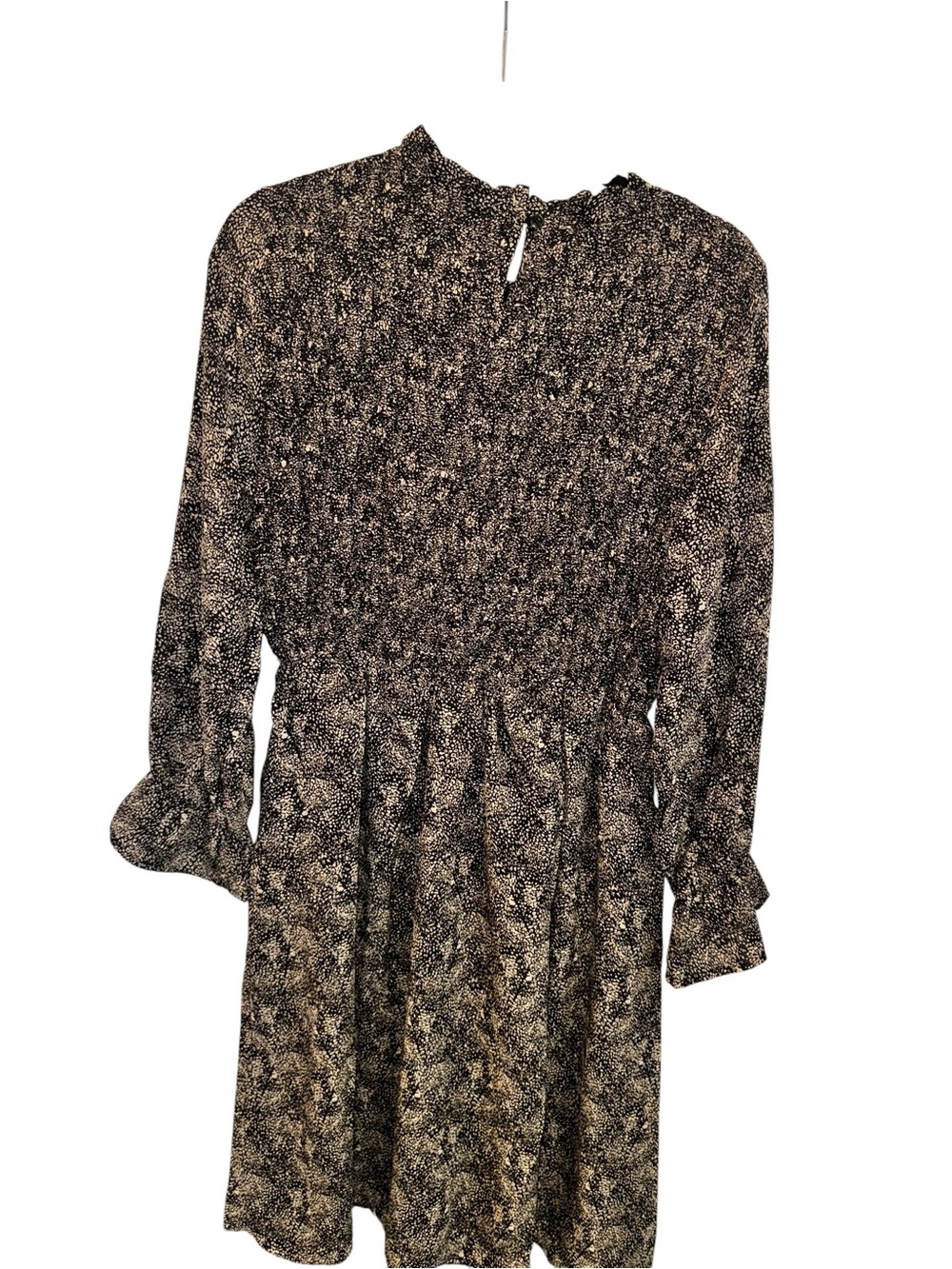 Long Sleeve Black and Cream Printed Fit-and-Flare Dress